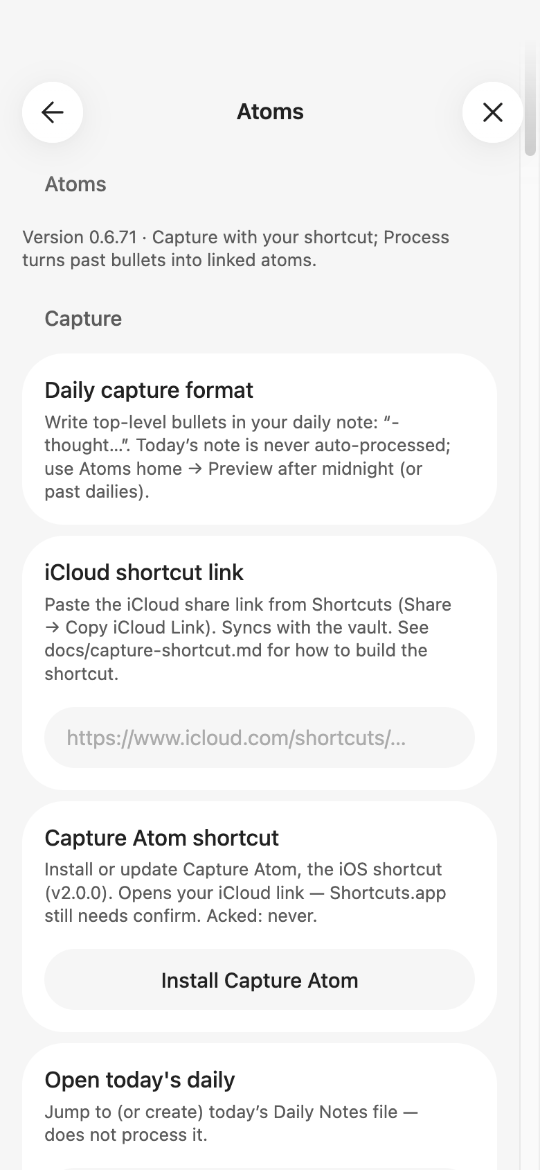 The Atoms settings pane, showing a version number at the top followed by the Capture section