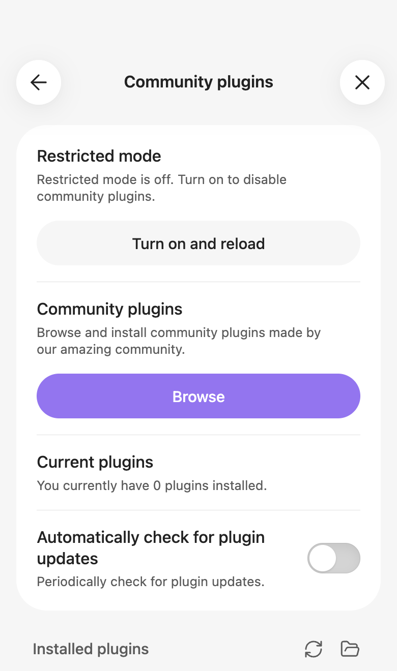 The same settings pane after leaving Restricted Mode, now showing a Browse button and zero installed plugins