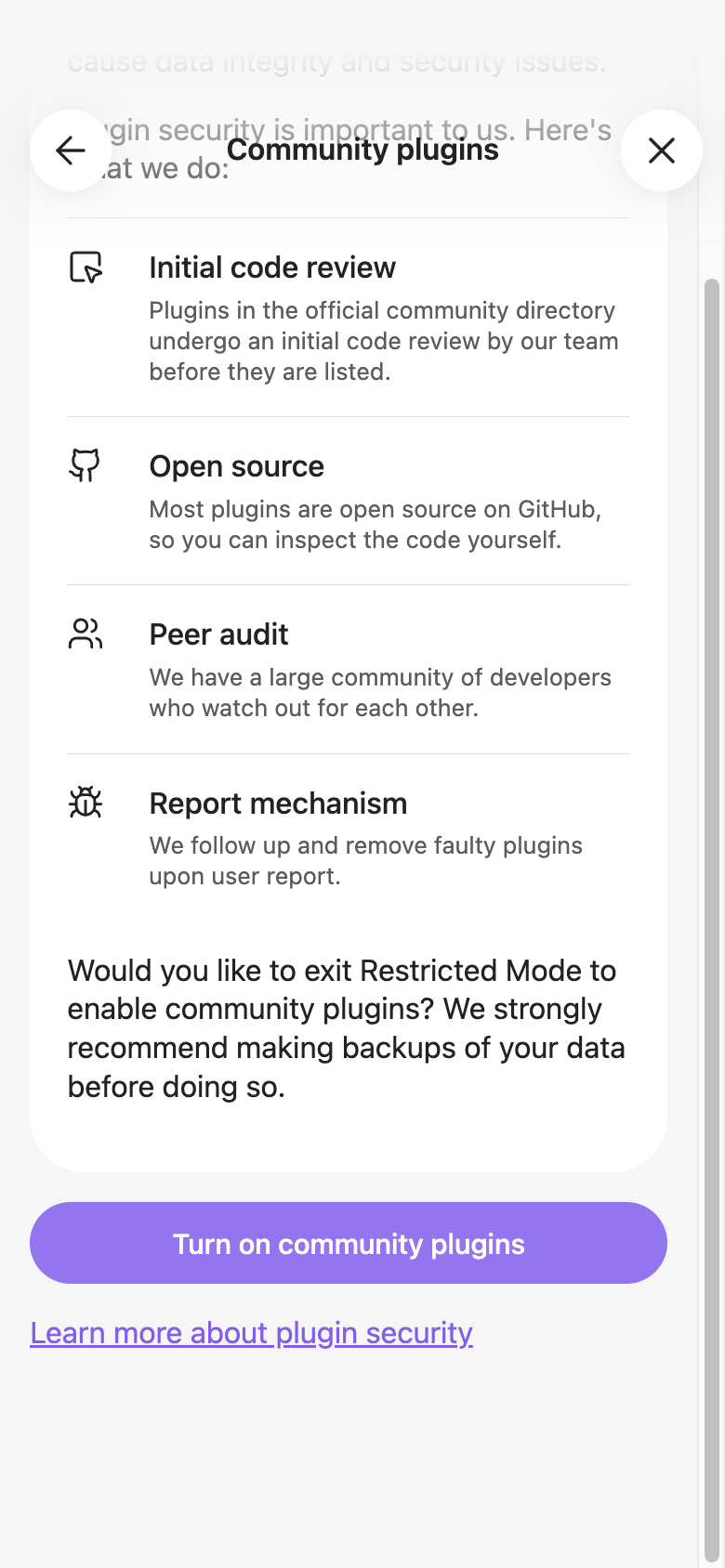 Obsidian's Community plugins settings in Restricted Mode, with the Turn on community plugins button at the bottom